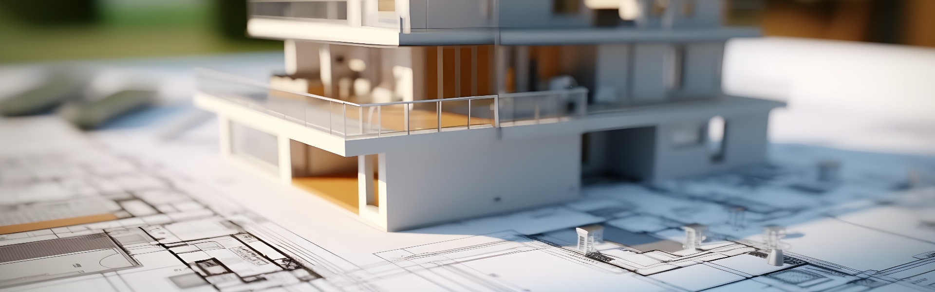 3d Modell eines kleinen Hauses auf einem Architektur-Grundriss